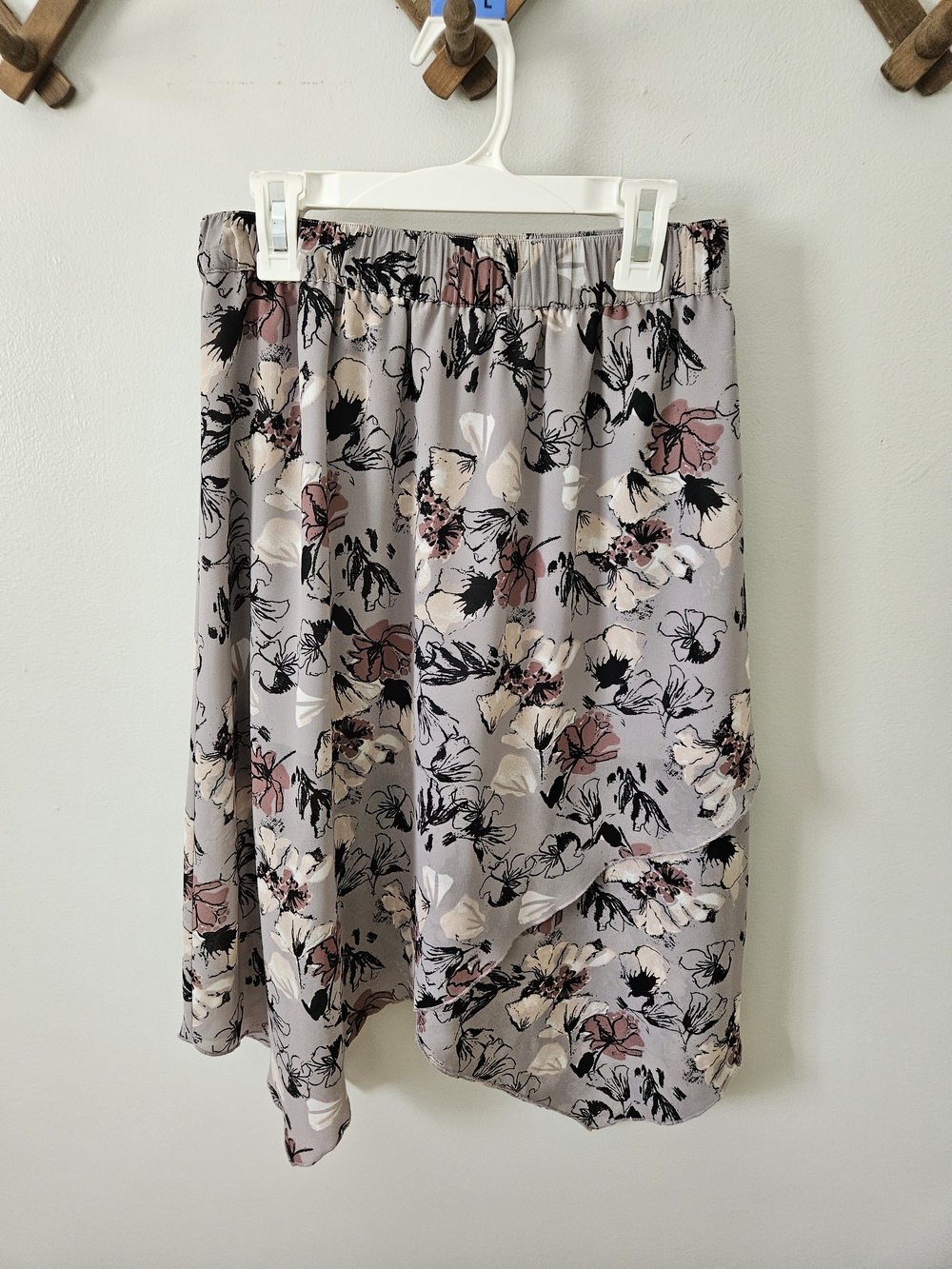 Leith Asymmetrical Floral Midi Skirt in Taupe, Blush and Black